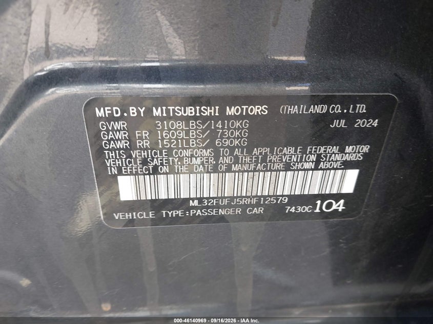 MITSUBISHI MIRAGE G4 2024 VIN ML32FUFJ5RHF12579