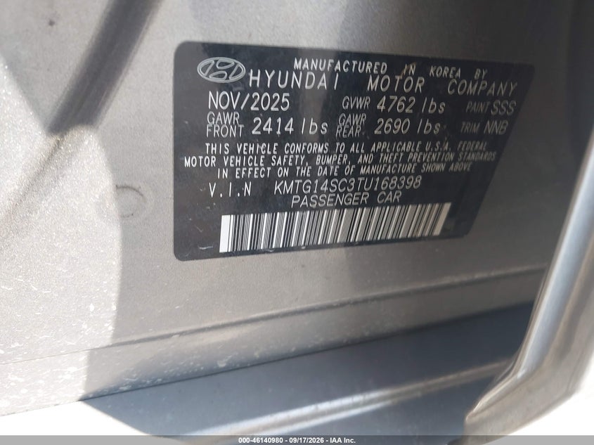 GENESIS G70 2026 VIN KMTG14SC3TU168398