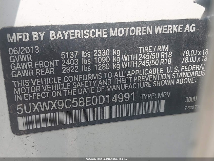 BMW X3 2014 VIN 5UXWX9C58E0D14991
