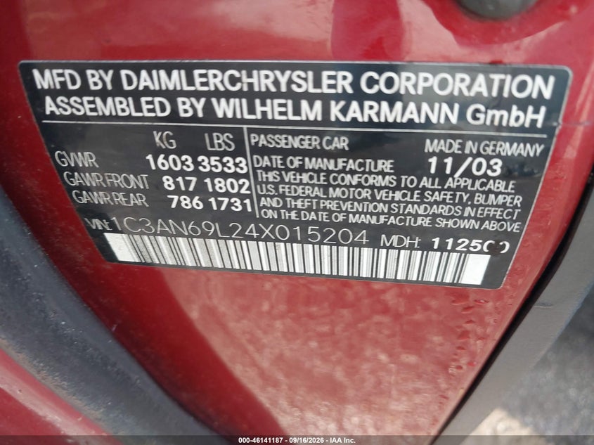 CHRYSLER CROSSFIRE 2004 VIN 1C3AN69L24X015204