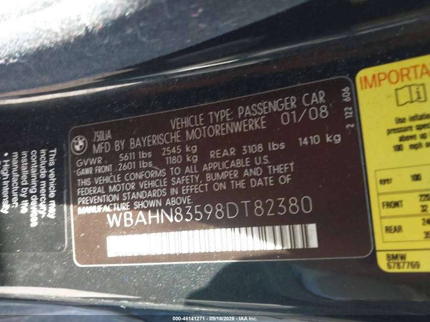 BMW 750LI 2008 VIN WBAHN83598DT82380