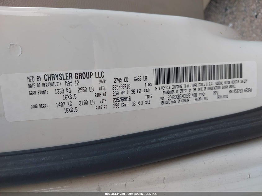DODGE GRAND CARAVAN 2012 VIN 2C4RDGBGXCR351488