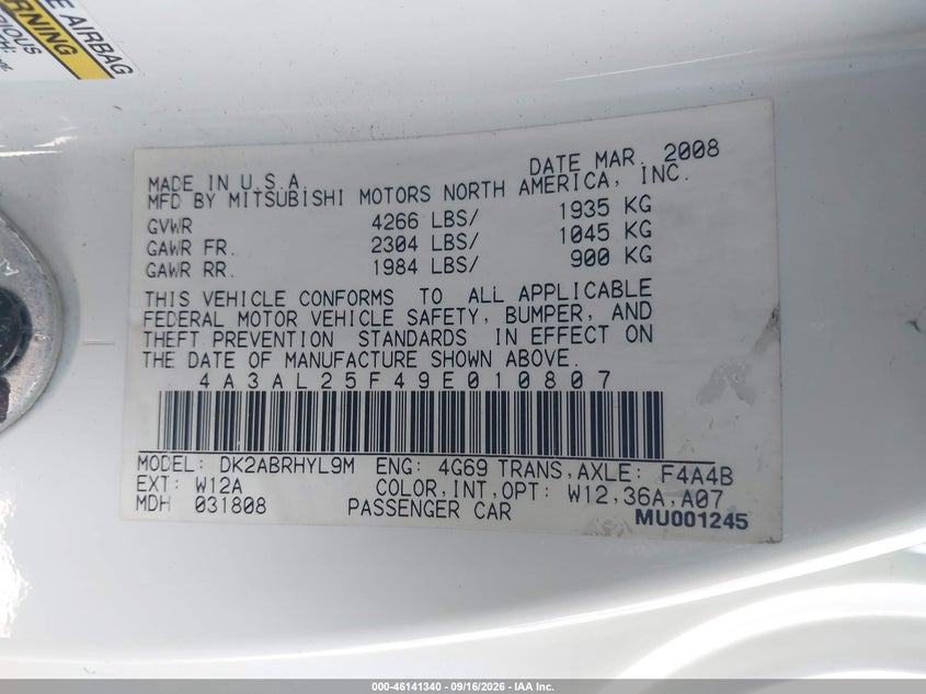 MITSUBISHI ECLIPSE SPYDER 2009 VIN 4A3AL25F49E010807