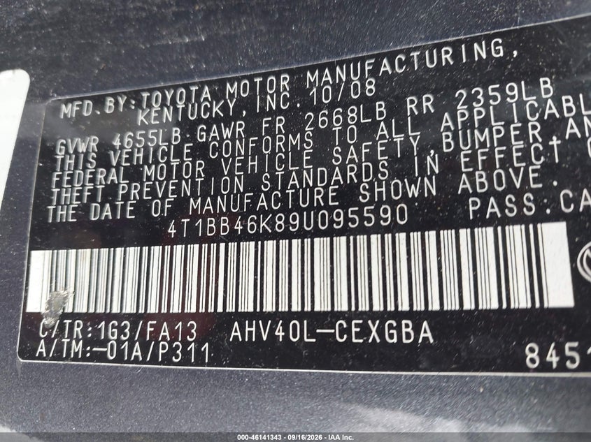 TOYOTA CAMRY HYBRID 2009 VIN 4T1BB46K89U095590