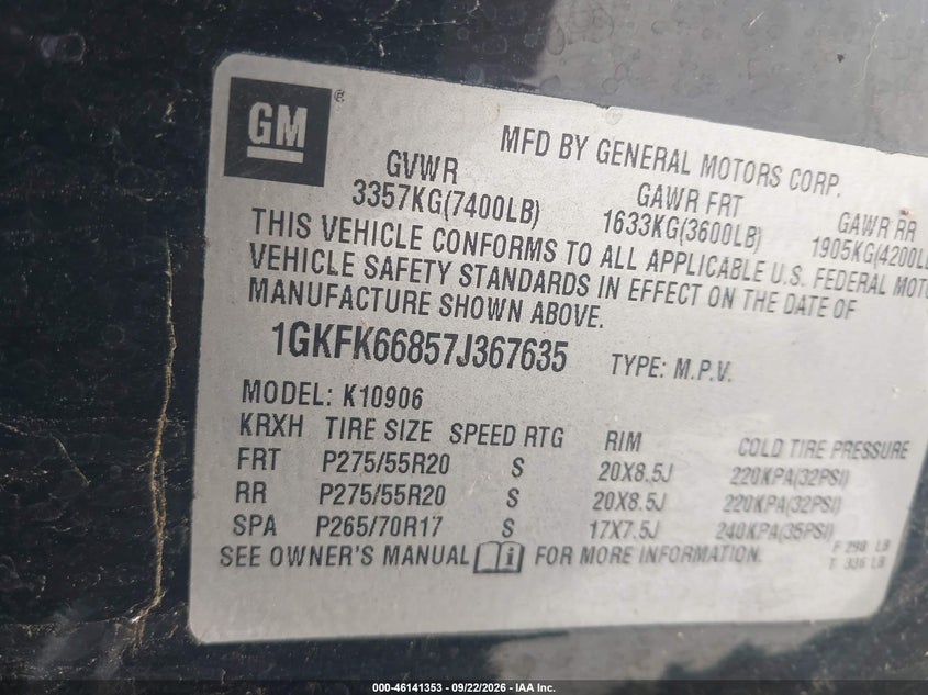 GMC YUKON XL 1500 2007 VIN 1GKFK66857J367635