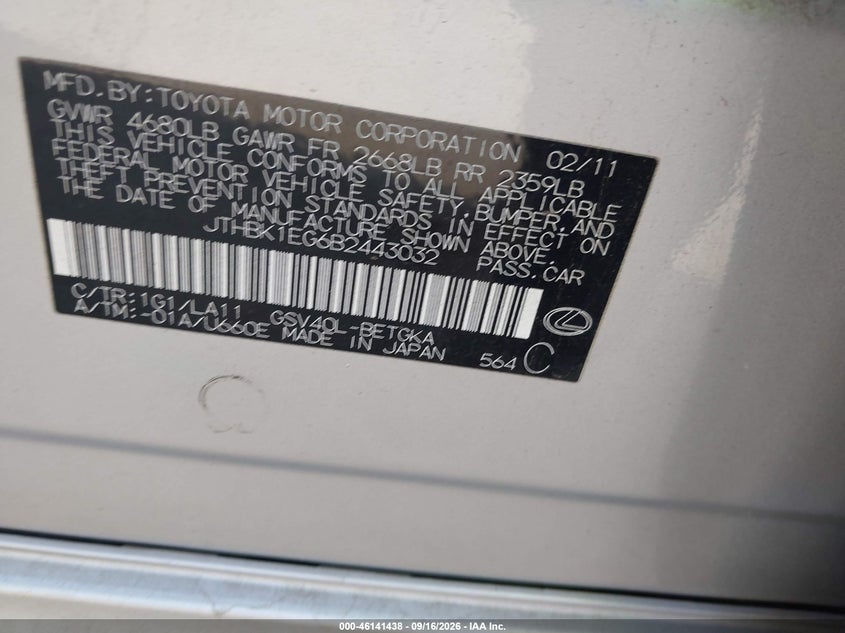 LEXUS ES 350 2011 VIN JTHBK1EG6B2443032