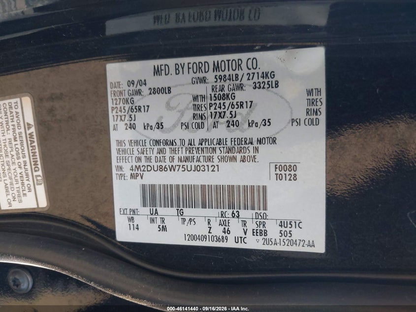 MERCURY MOUNTAINEER 2005 VIN 4M2DU86W75UJ03121
