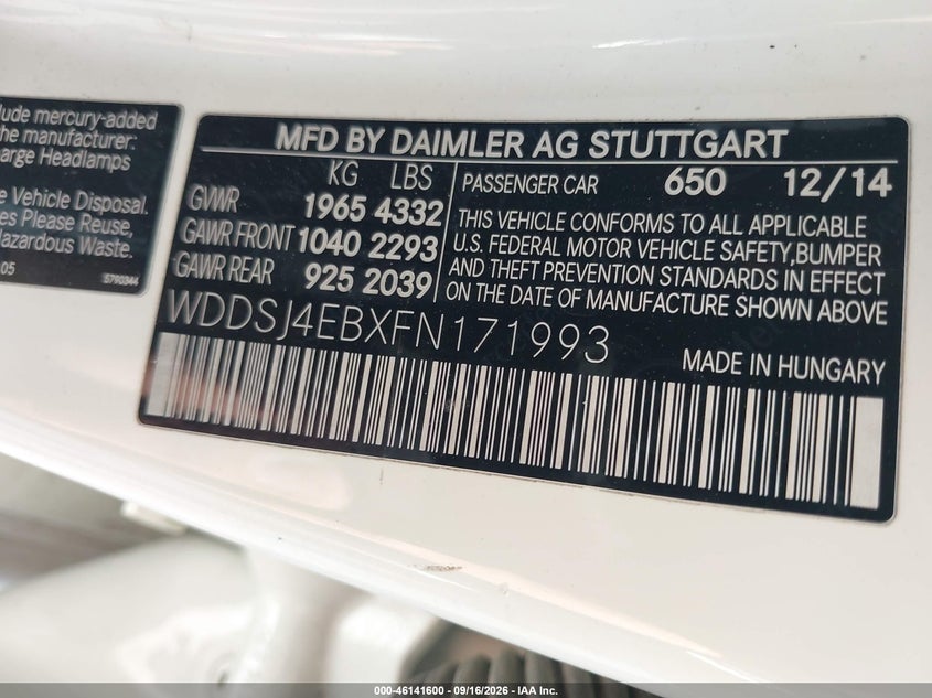 MERCEDES-BENZ CLA 250 2015 VIN WDDSJ4EBXFN171993