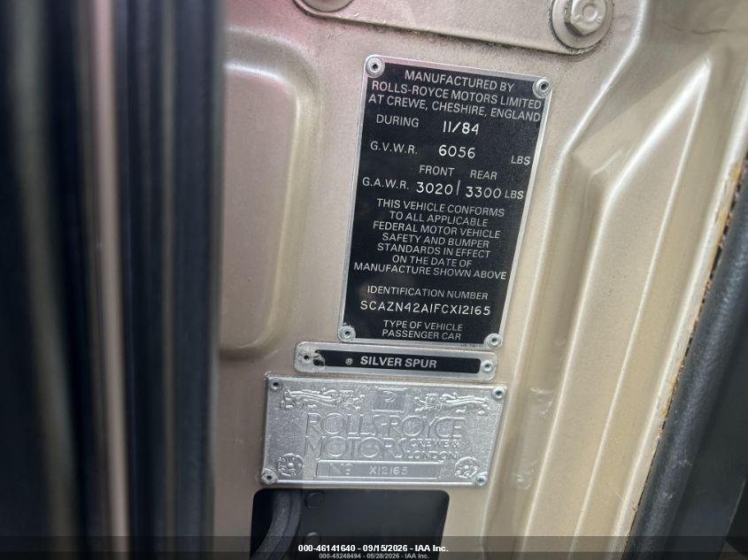 ROLLS-ROYCE SILVER SPUR 1985 VIN SCAZN42A1FCX12165
