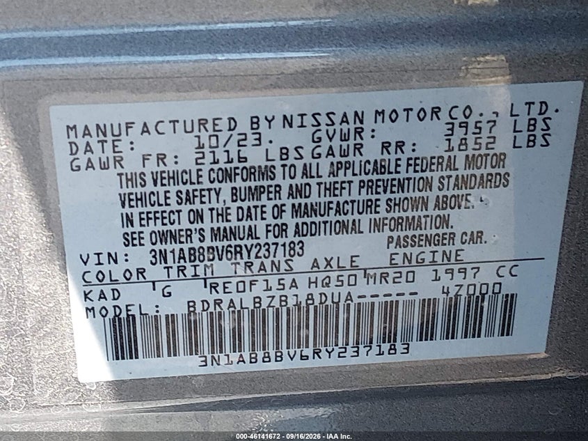 NISSAN SENTRA 2024 VIN 3N1AB8BV6RY237183