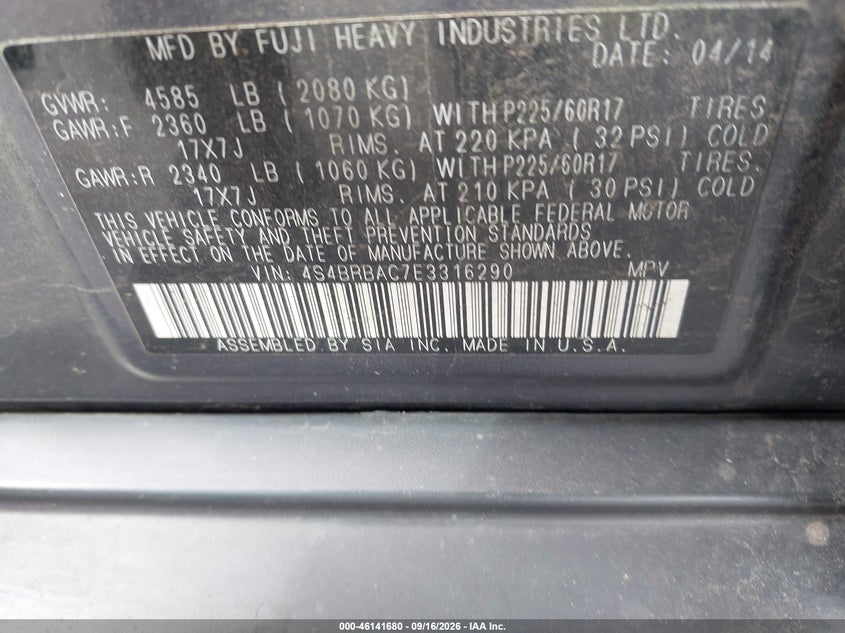 SUBARU OUTBACK 2014 VIN 4S4BRBAC7E3316290