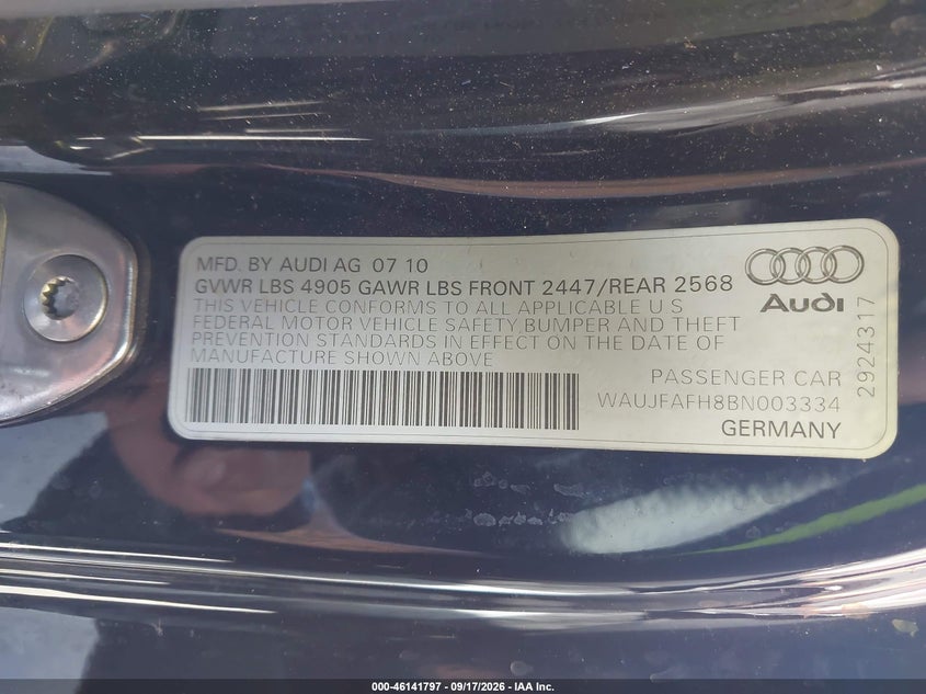 AUDI A5 2011 VIN WAUJFAFH8BN003334
