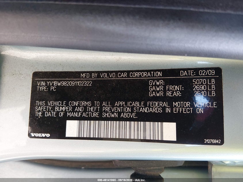 VOLVO V70 2009 VIN YV1BW982091102322