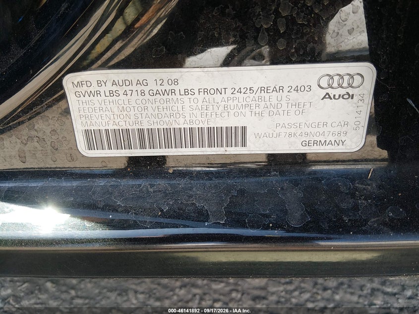 AUDI A4 2009 VIN WAUJF78K49N047689