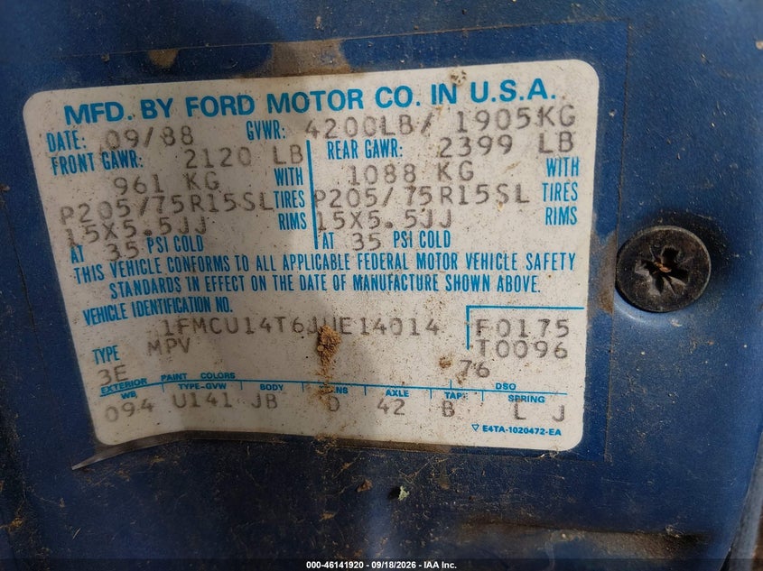 FORD BRONCO II 1988 VIN 1FMCU14T6JUE14014