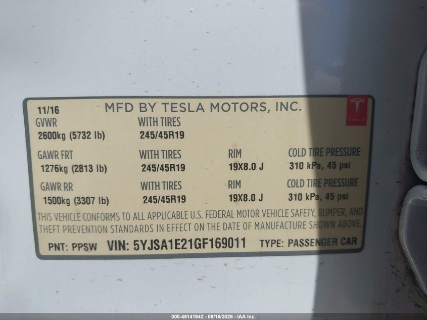 TESLA MODEL S 2016 VIN 5YJSA1E21GF169011