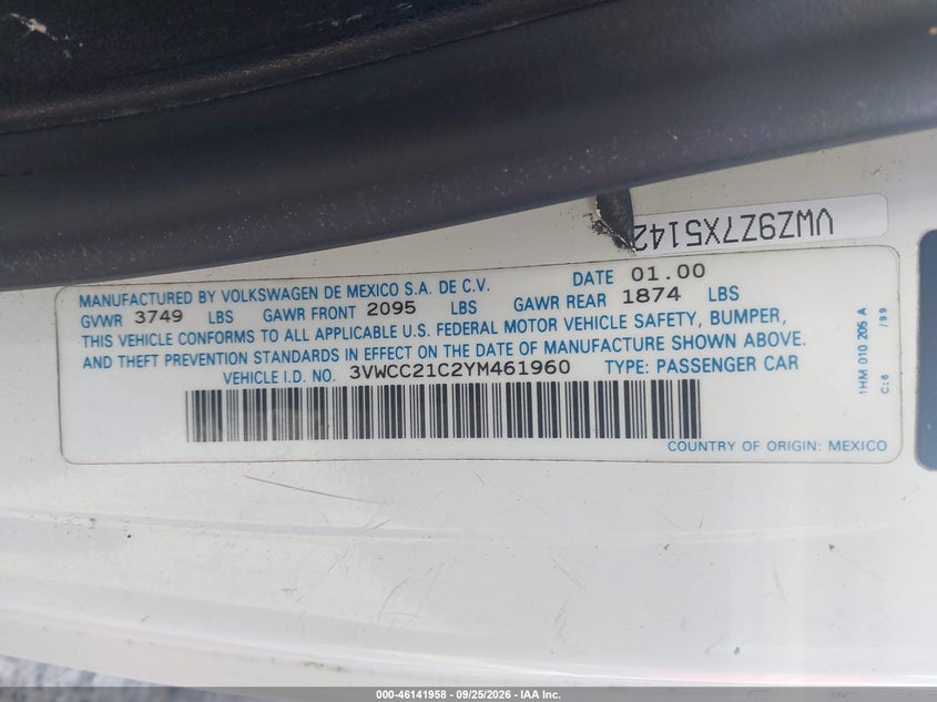 VOLKSWAGEN NEW BEETLE 2000 VIN 3VWCC21C2YM461960
