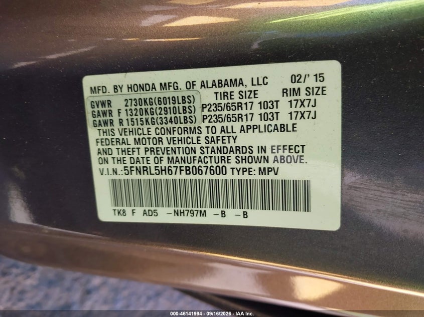 HONDA ODYSSEY 2015 VIN 5FNRL5H67FB067600