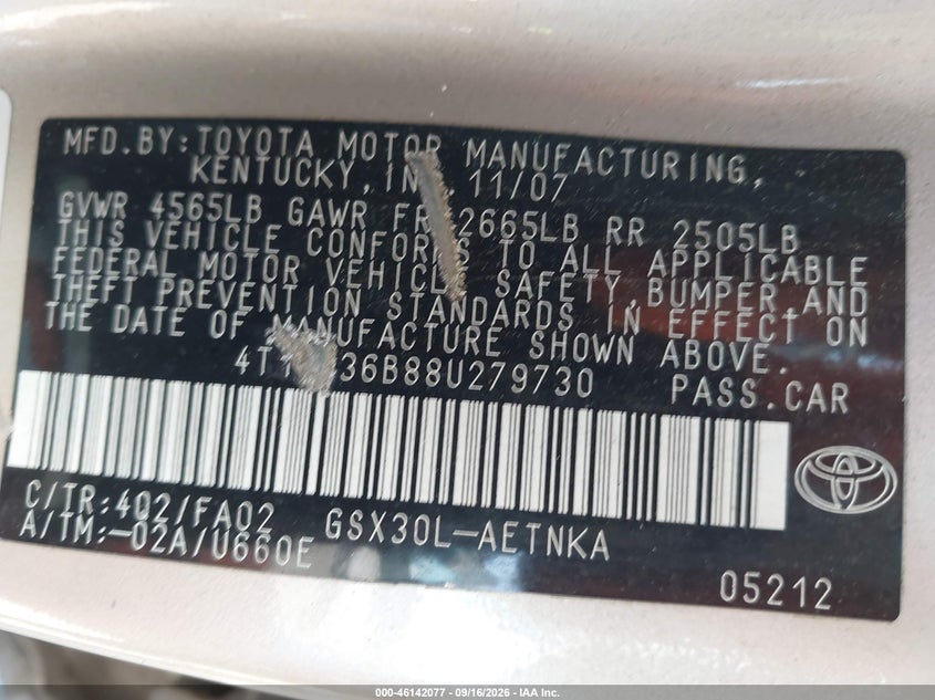 TOYOTA AVALON 2008 VIN 4T1BK36B88U279730