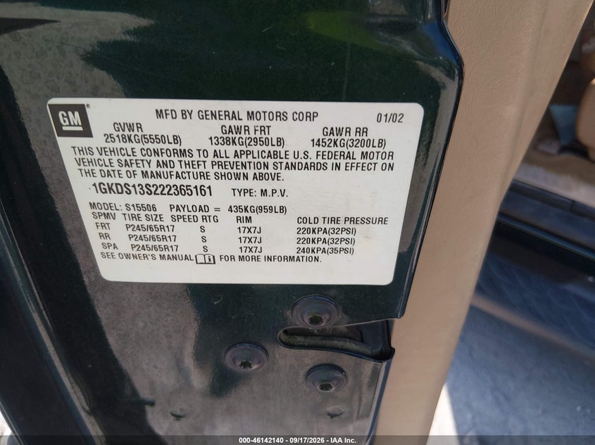 GMC ENVOY 2002 VIN 1GKDS13S222365161