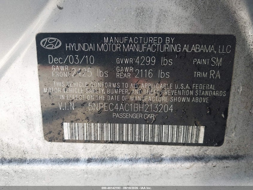 HYUNDAI SONATA 2011 VIN 5NPEC4AC1BH213204