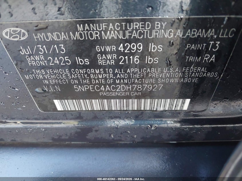 HYUNDAI SONATA 2013 VIN 5NPEC4AC2DH787927