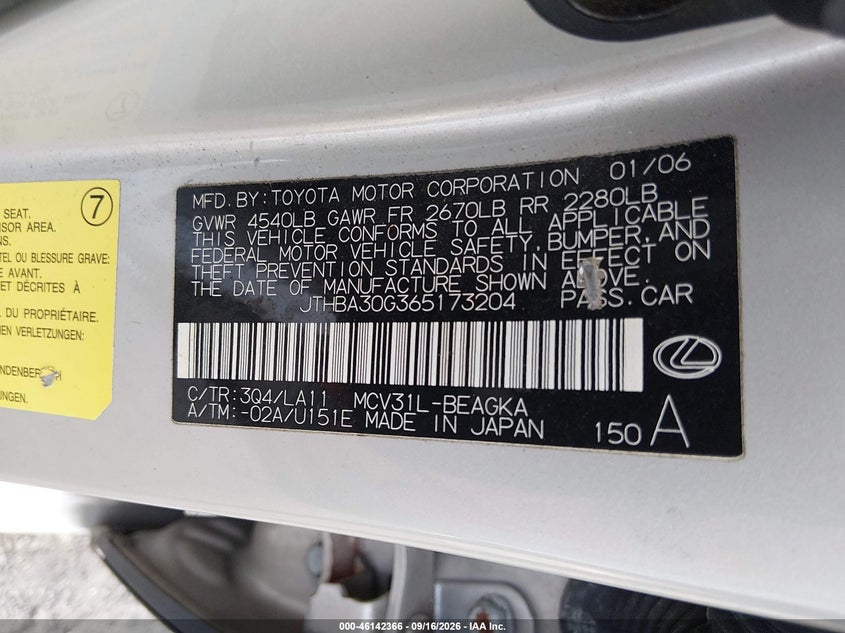 LEXUS ES 330 2006 VIN JTHBA30G365173204