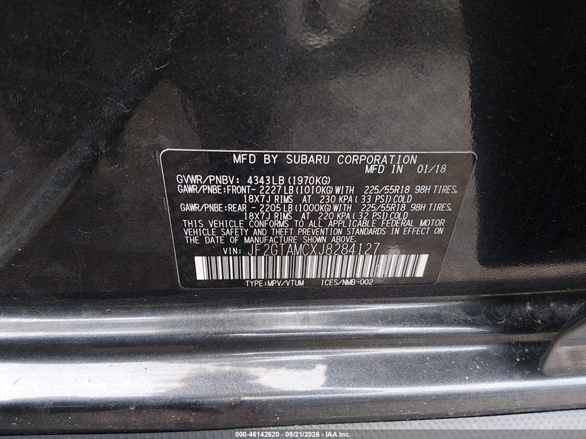 SUBARU CROSSTREK 2018 VIN JF2GTAMCXJ8284127