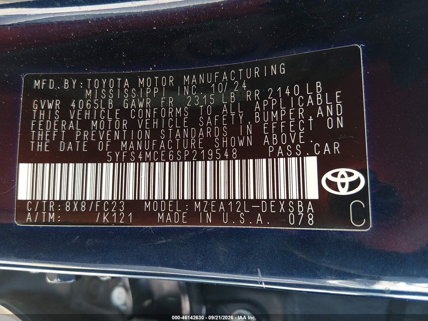 TOYOTA COROLLA 2025 VIN 5YFS4MCE6SP219548