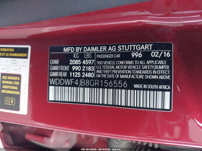 Vin: wddwf4jb8gr156556, lot: 46642396, mercedes-benz c 300 2016 img_1