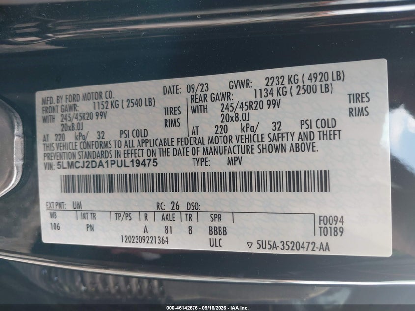 LINCOLN CORSAIR 2023 VIN 5LMCJ2DA1PUL19475