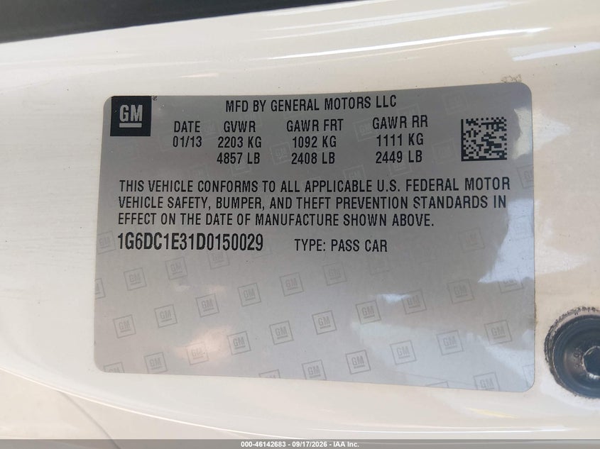 CADILLAC CTS 2013 VIN 1G6DC1E31D0150029