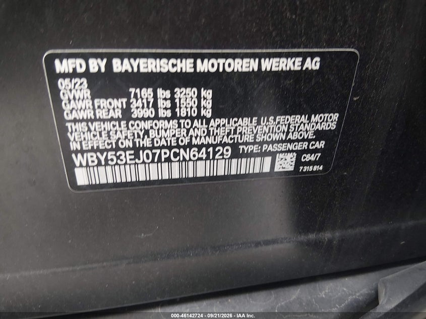 BMW I7 2023 VIN WBY53EJ07PCN64129
