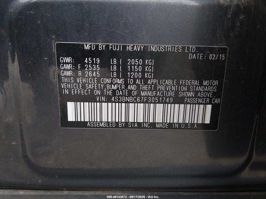SUBARU LEGACY 2015 VIN 4S3BNBC67F3051749
