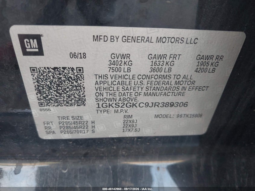GMC YUKON XL 2018 VIN 1GKS2GKC9JR389306