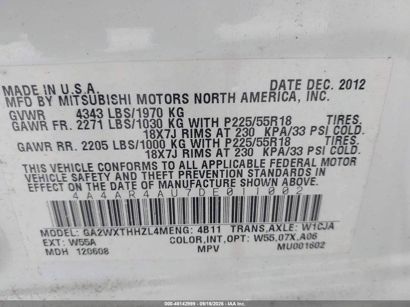 MITSUBISHI OUTLANDER SPORT 2013 VIN 4A4AR4AU7DE011002