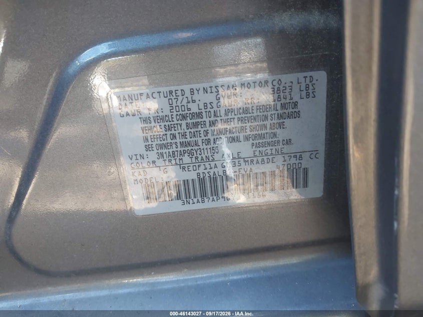 NISSAN SENTRA 2016 VIN 3N1AB7AP9GY311156