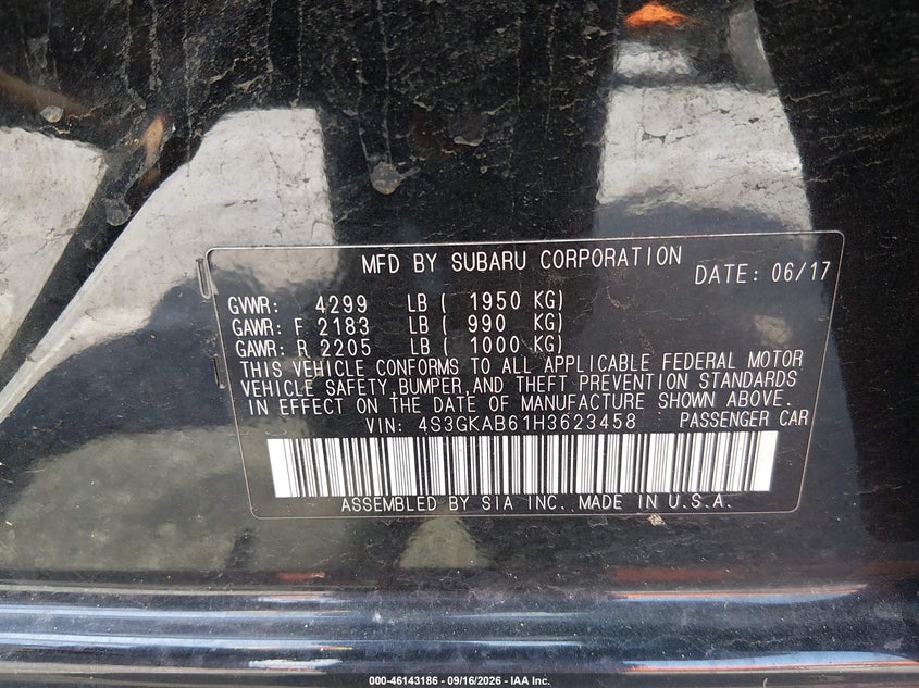 SUBARU IMPREZA 2017 VIN 4S3GKAB61H3623458