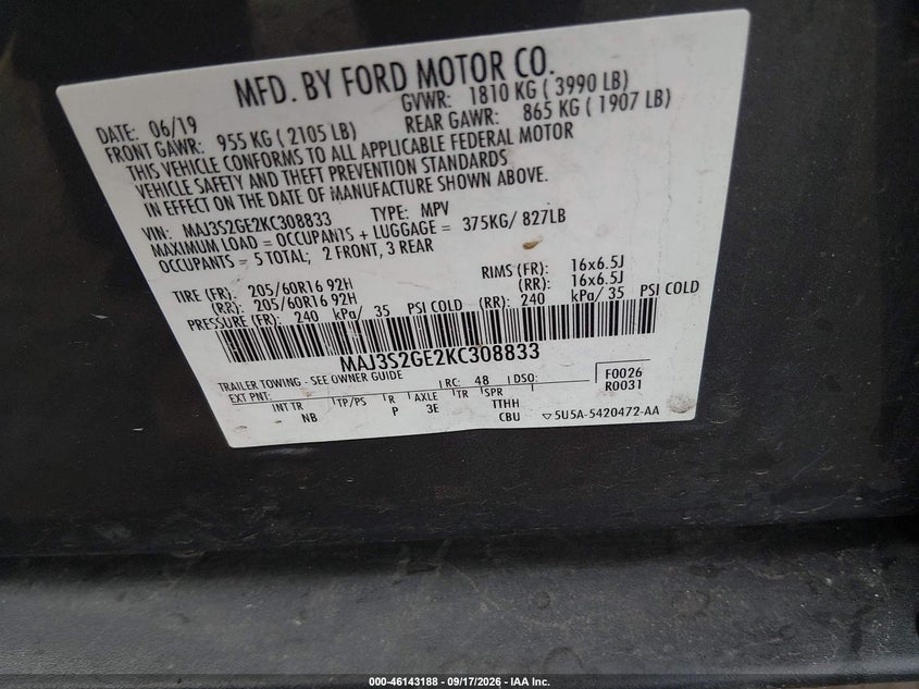 FORD ECOSPORT 2019 VIN MAJ3S2GE2KC308833