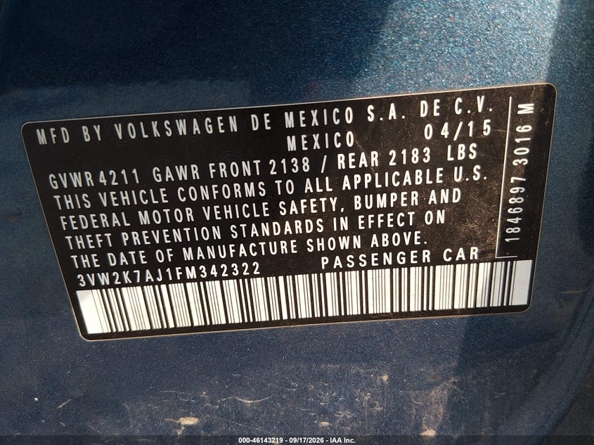 VOLKSWAGEN JETTA 2015 VIN 3VW2K7AJ1FM342322