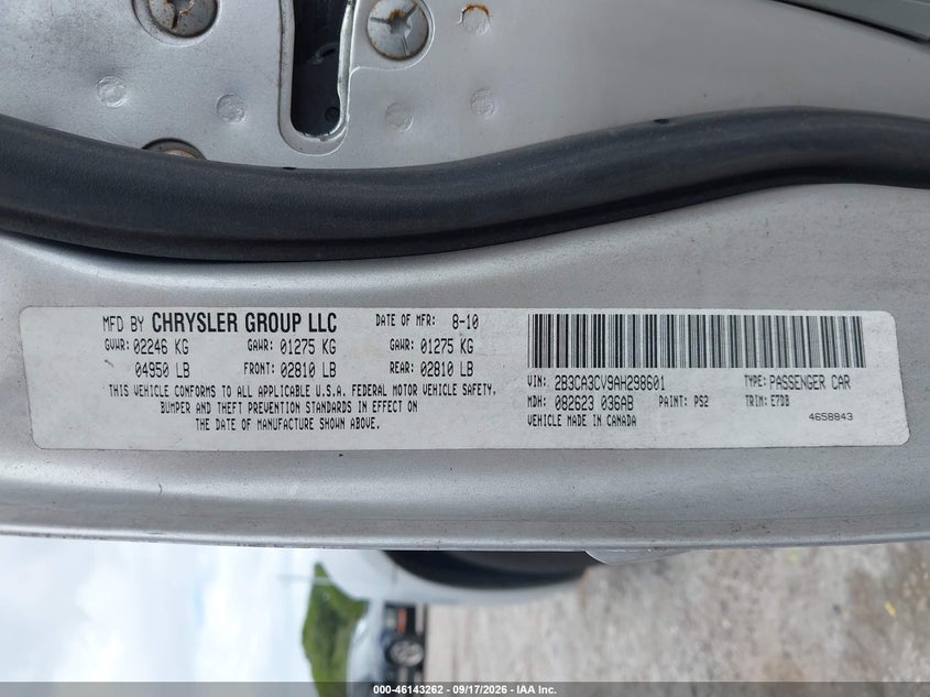 DODGE CHARGER 2010 VIN 2B3CA3CV9AH298601