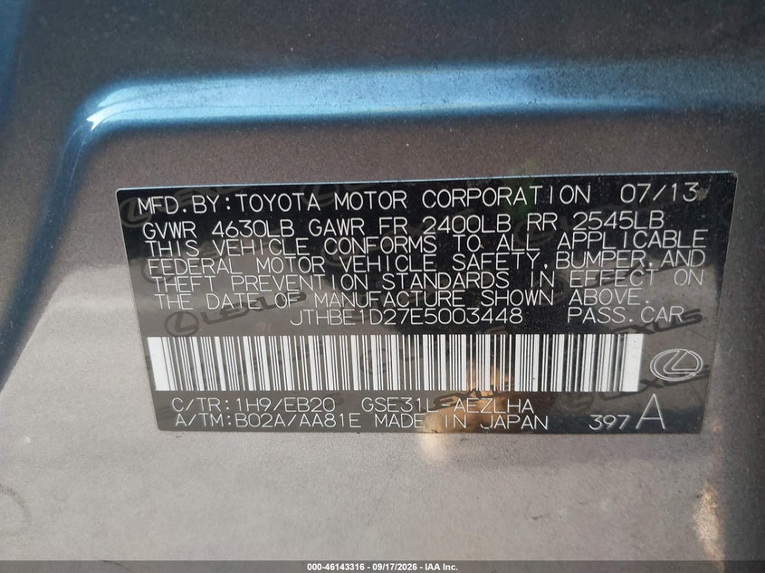 LEXUS IS 350 2014 VIN JTHBE1D27E5003448