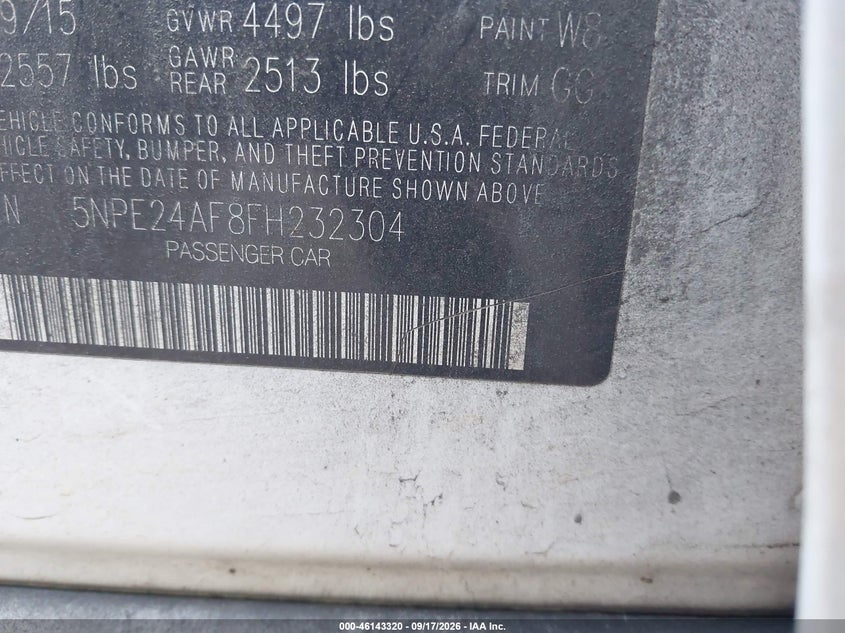 HYUNDAI SONATA 2015 VIN 5NPE24AF8FH232304