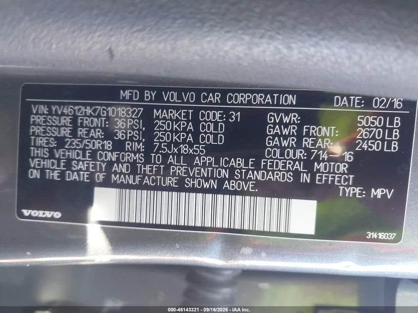 VOLVO V60 CROSS COUNTRY 2016 VIN YV4612HK7G1018327
