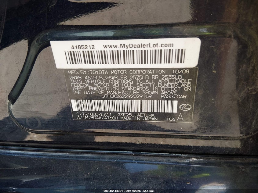 LEXUS IS 250 2009 VIN JTHCK262292029169