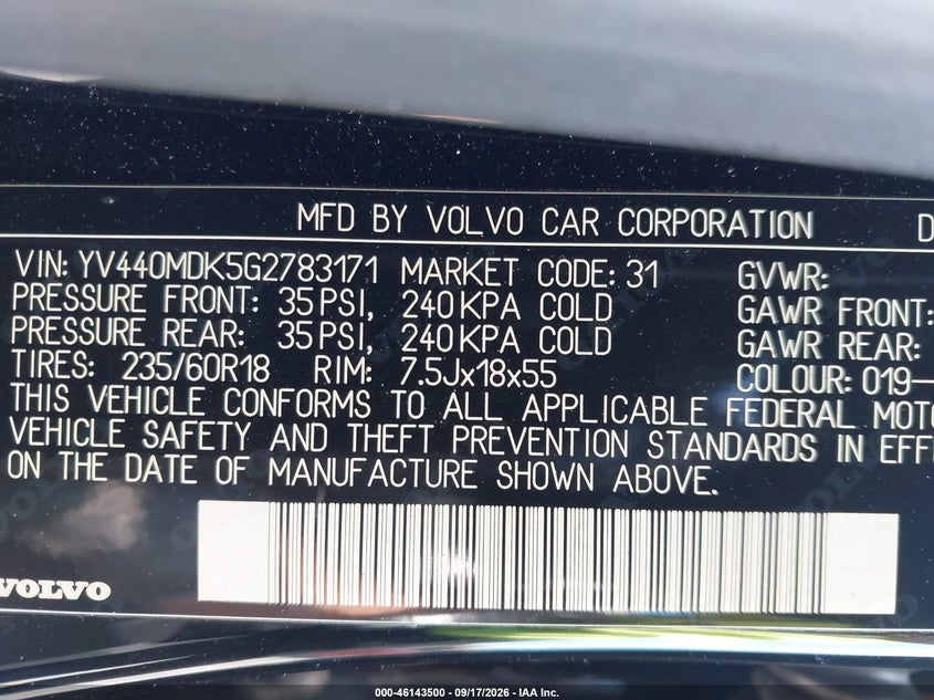 VOLVO XC60 2016 VIN YV440MDK5G2783171