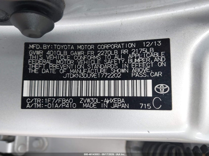 TOYOTA PRIUS 2014 VIN JTDKN3DU9E1772202