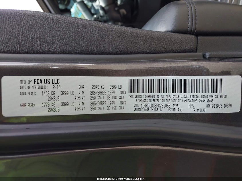 DODGE DURANGO 2015 VIN 1C4RDJDG9FC761058