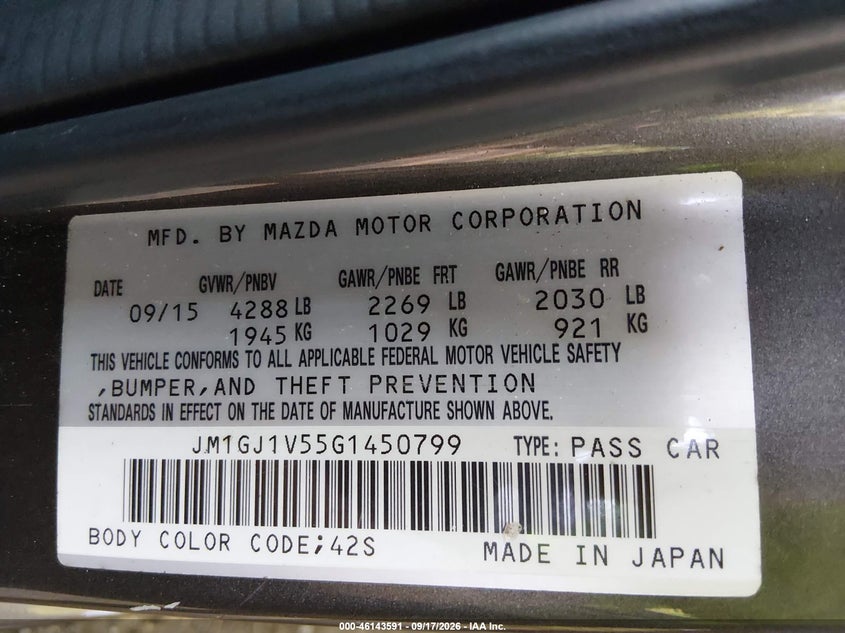 MAZDA MAZDA6 2016 VIN JM1GJ1V55G1450799