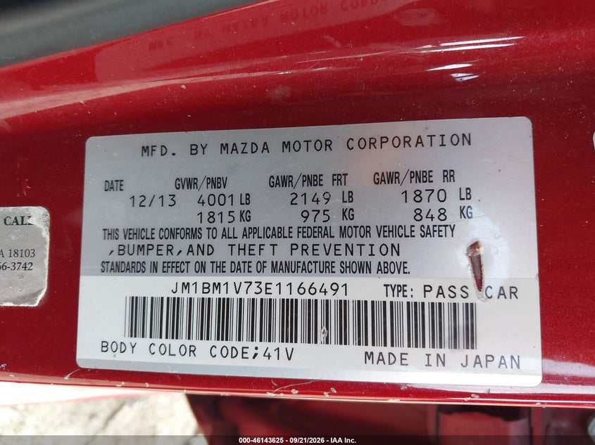 MAZDA MAZDA3 2014 VIN JM1BM1V73E1166491